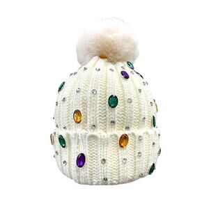Mardi Gras White Pom Pom Beanie With Stones